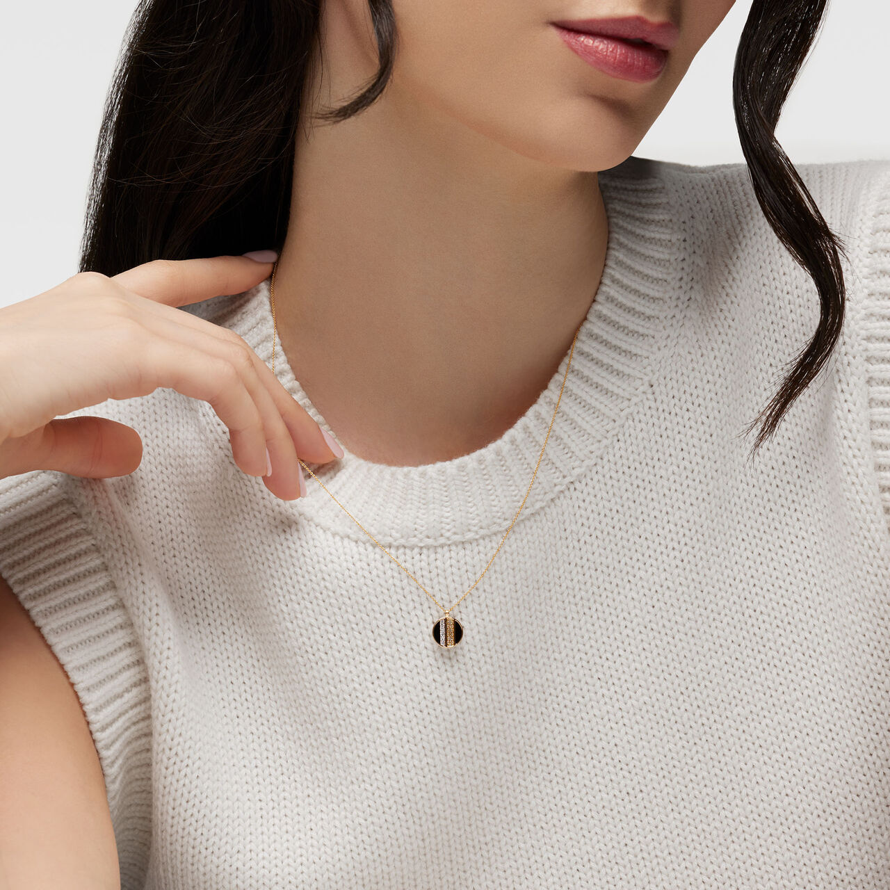 Birks Dare to Dream 10 mm Onyx and Diamond Pendant, Yellow Gold on Model image number 1